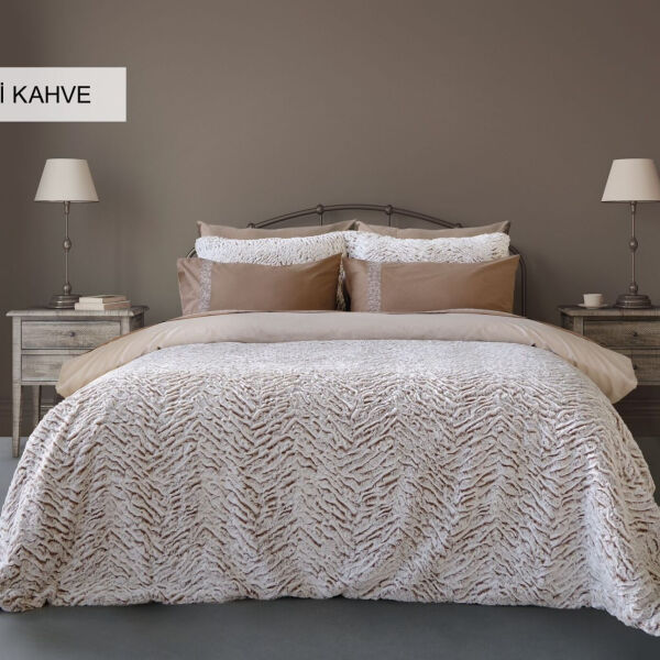 Wild Home Çift Kişilik Kürklü Yatak Örtüsü Takımı Vivaldi Kahve