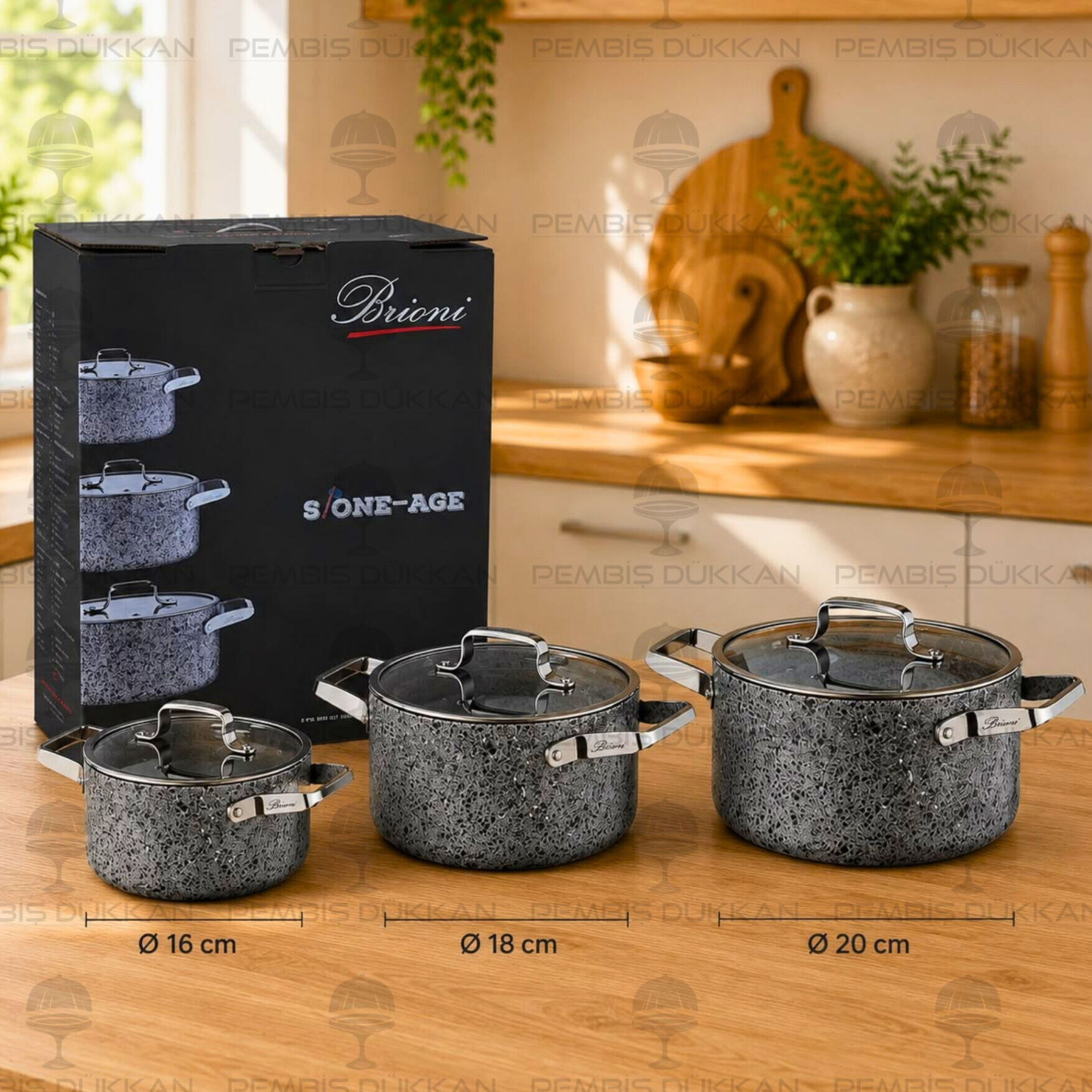 Brioni Stone-Age 3lü Midi Tencere Seti (16-18-20 cm)