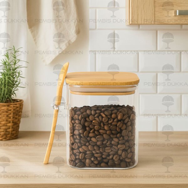 1 Adet 750ml Kare Kaşıklı Kavanoz & Tuz Kabı (E1010)