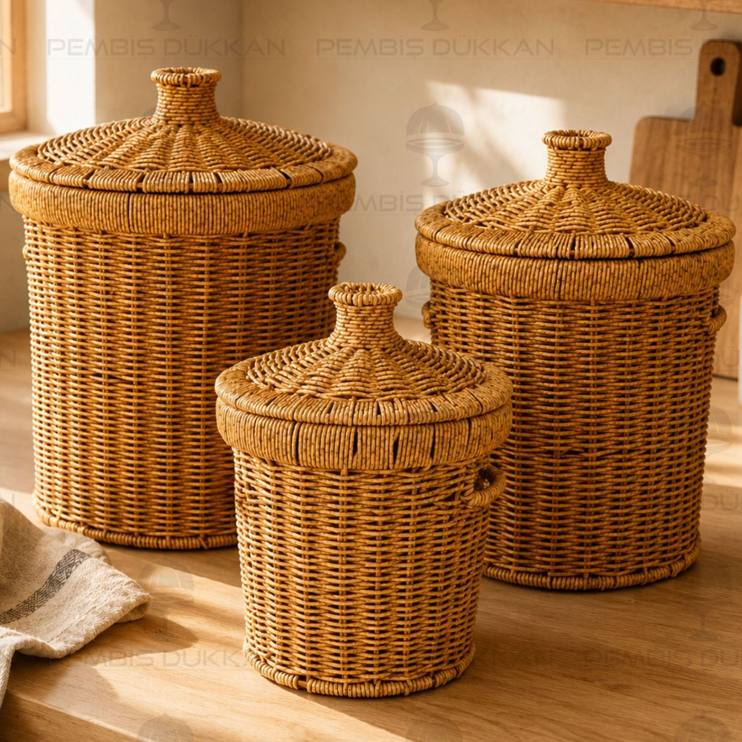 3lü Rattan, Yuvarlak Patates - Soğan - Sarımsak Sepeti