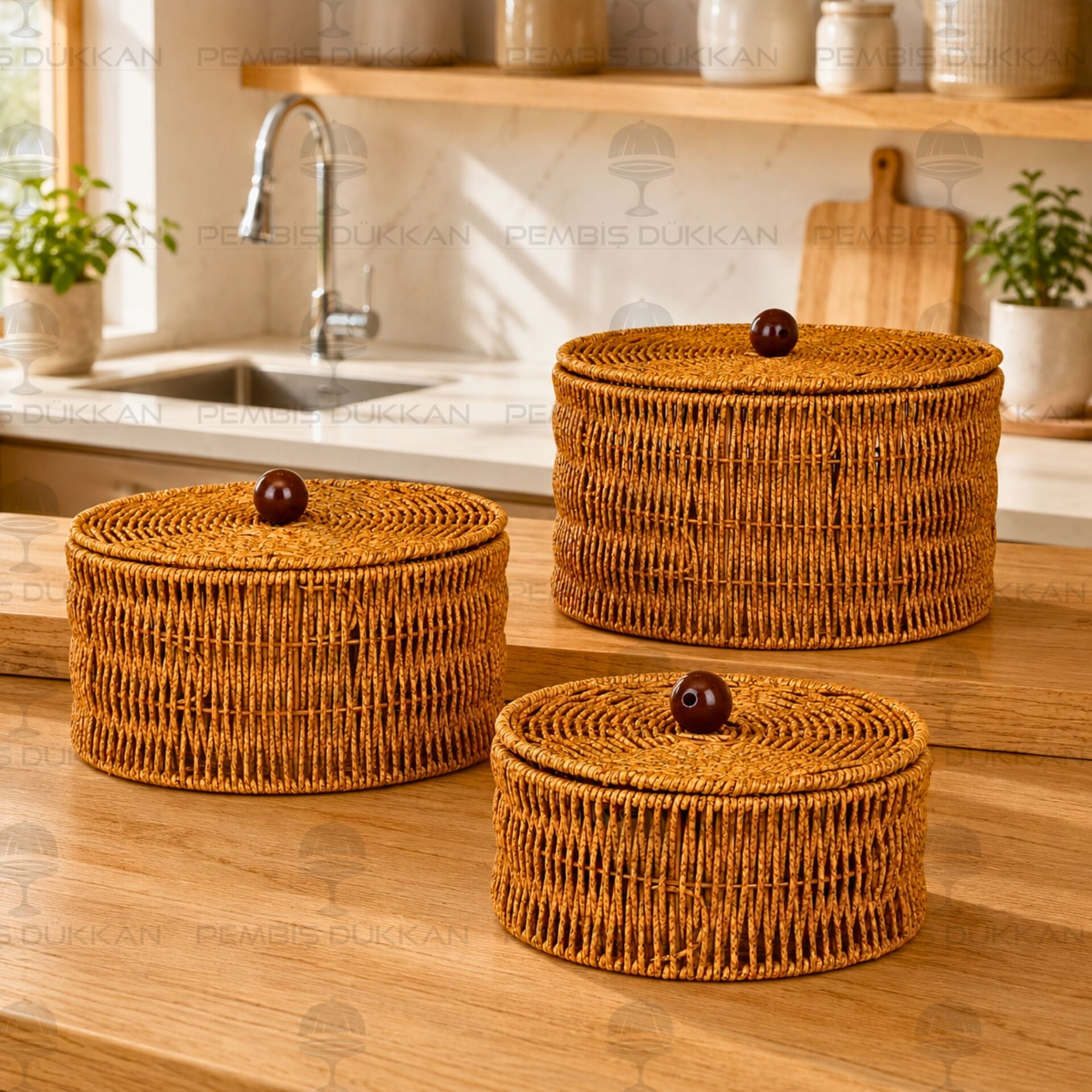 3lü Rattan Kapaklı Yuvarlak Sepet (1715)