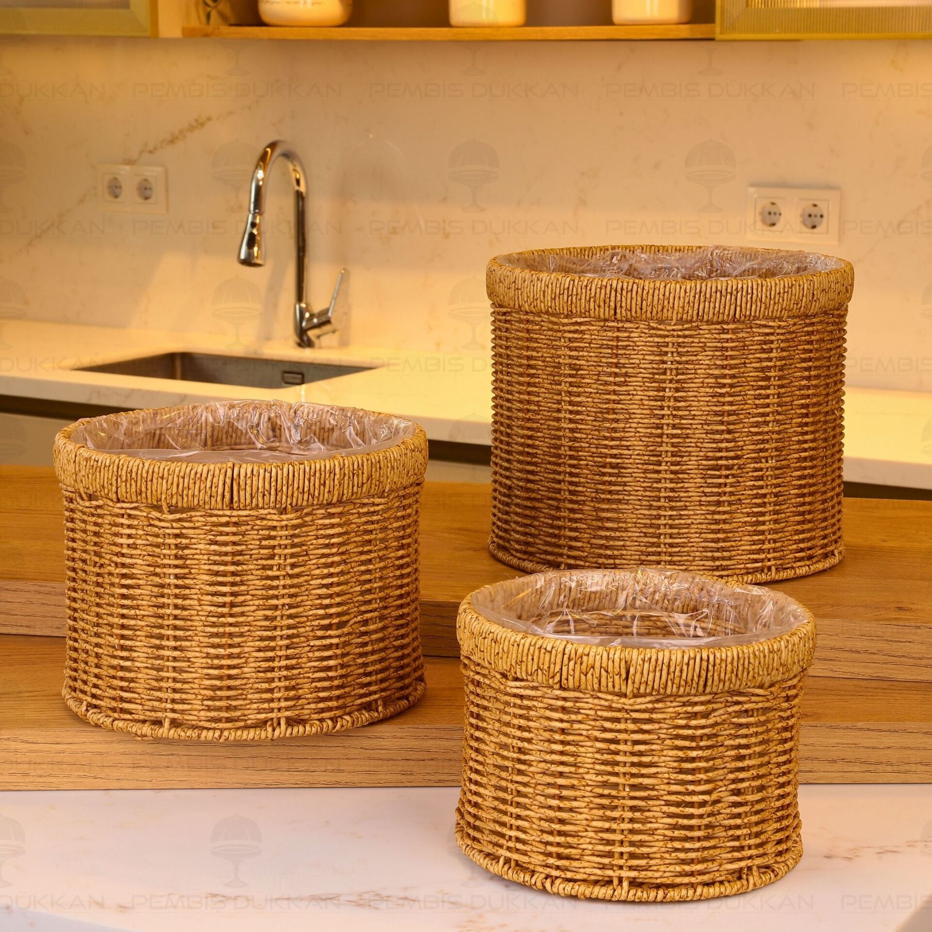 3'lü Rattan Silindir Poşetli Saksı Sepet (1636)