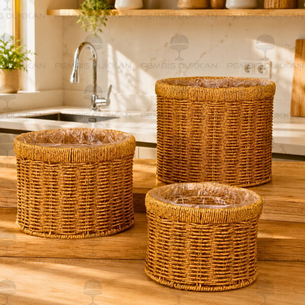 3lü Rattan Silindir Poşetli Saksı Sepet (1636)