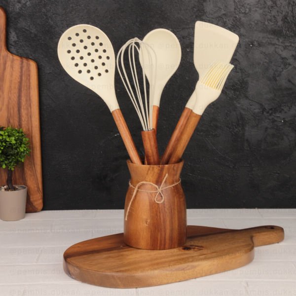 6lı Akasya Saplı Krem Silikon Set & Akasya Bohem Kaşıklık Set No1