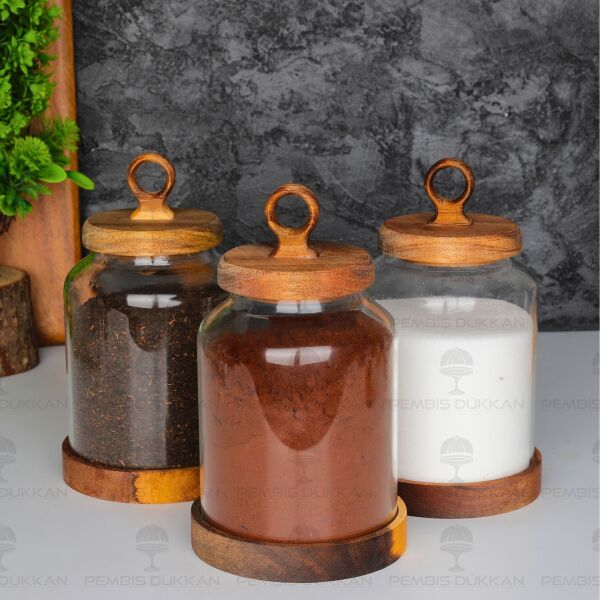 3lü Lily Verniksiz Akasya Kapaklı Tezgah Üstü Kavanoz Set (Bor011)