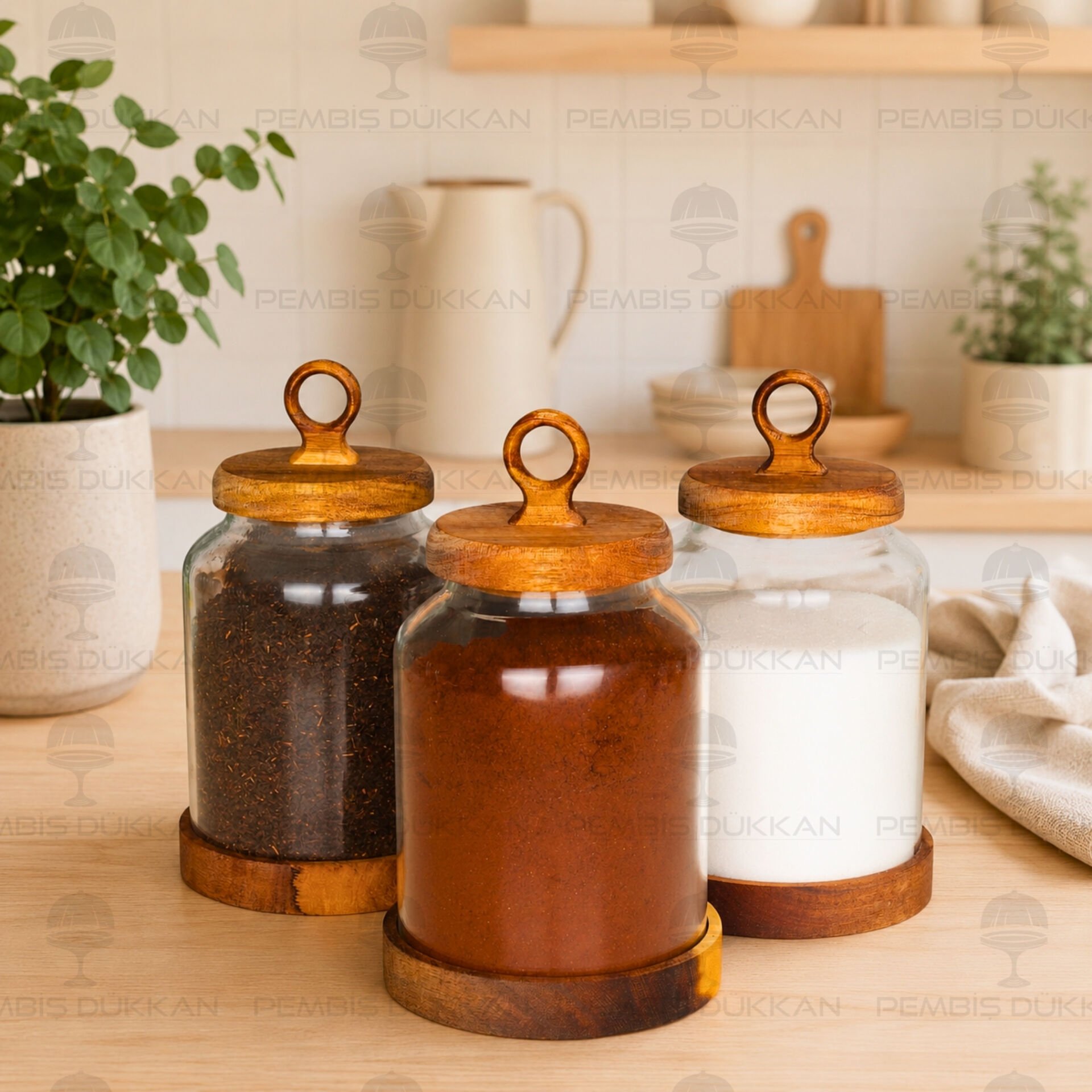 3lü Lily Verniksiz Akasya Kapaklı Tezgah Üstü Kavanoz Set (Bor011)