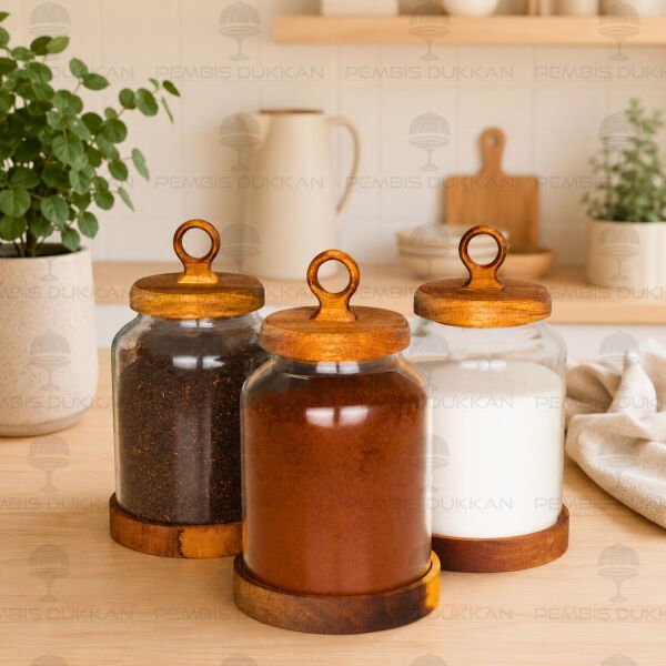 3lü Lily Verniksiz Akasya Kapaklı Tezgah Üstü Kavanoz Set (Bor011)