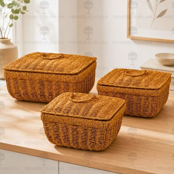 3'lü Kare Kapaklı Rattan Sepet 208