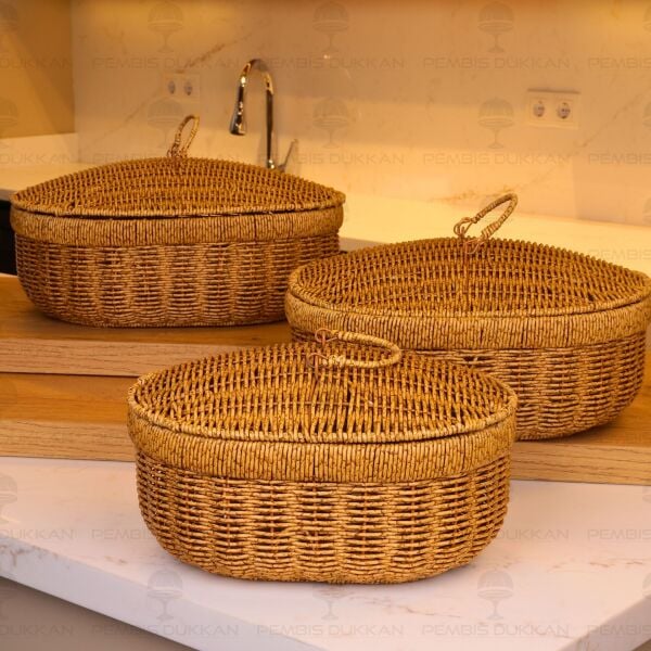 3lü Oval Kapaklı Rattan Sepet 209