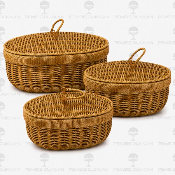 3'lü Oval Kapaklı Rattan Sepet 209