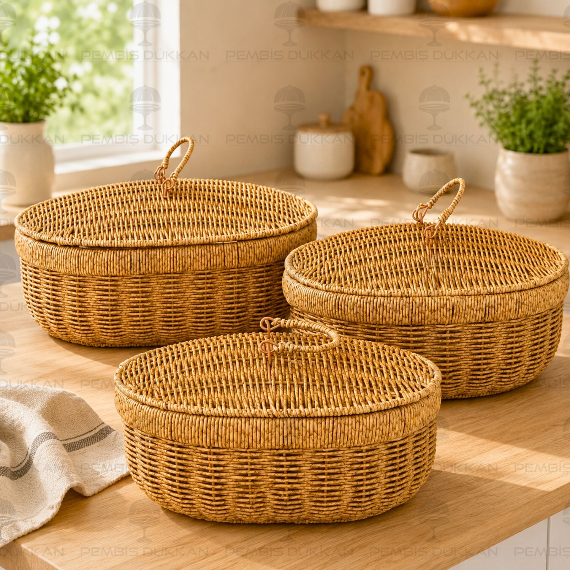3lü Oval Kapaklı Rattan Sepet 209