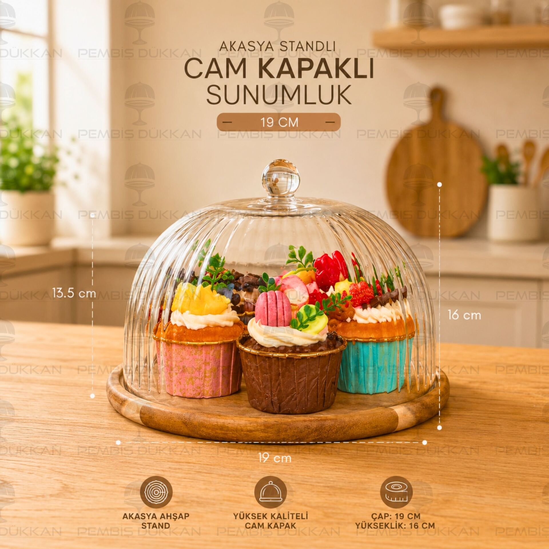 Mini Akasya Standlı Cam İkram Fanusu Büyük