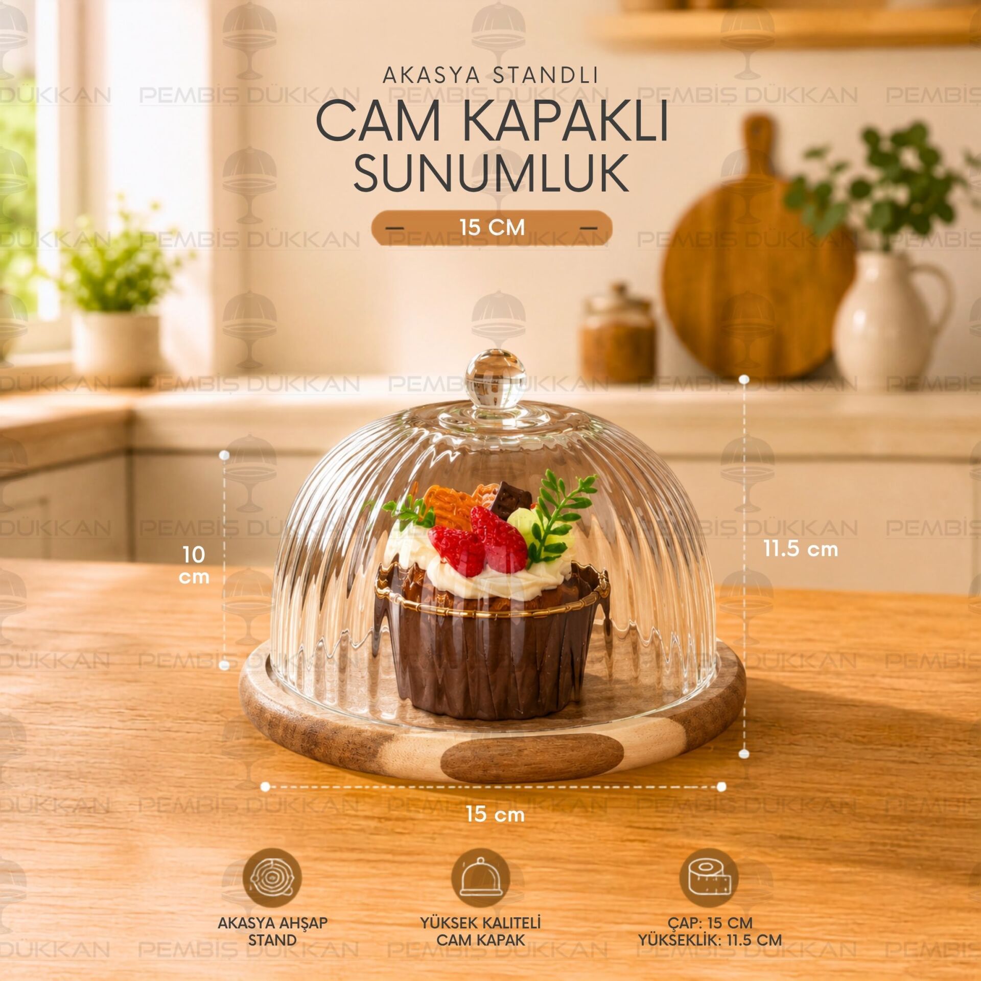Mini Akasya Standlı Cam İkram Fanusu Orta
