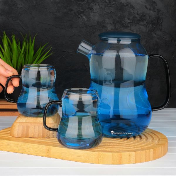 3lü Mavi, Silikon Kapaklı Borosilikat Cam Sürahi Set (4035)