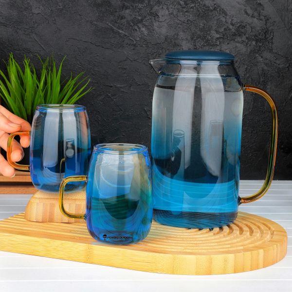 3lü Mavi, Silikon Kapaklı Borosilikat Cam Sürahi Set (4040)