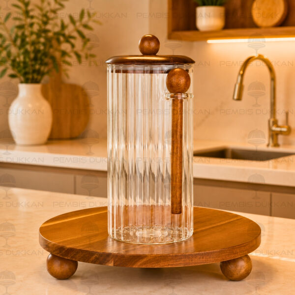 Salda 1350ml Kaşıklı, Akasya Kapaklı Çizgili Kavanoz (HJ135)