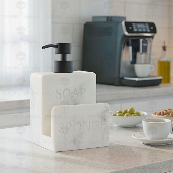 Beyaz Sponge Mermer Desenli, Süngerlik Hazneli Polyresin Sıvı Sabunluk (56795)