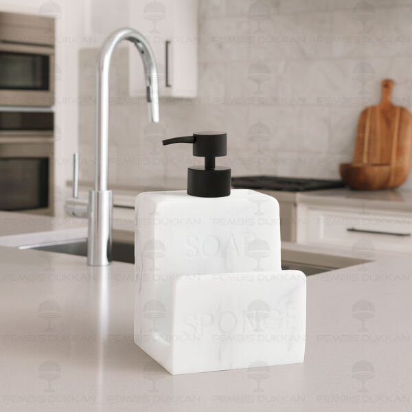 Beyaz Sponge Mermer Desenli, Süngerlik Hazneli Polyresin Sıvı Sabunluk (56795)