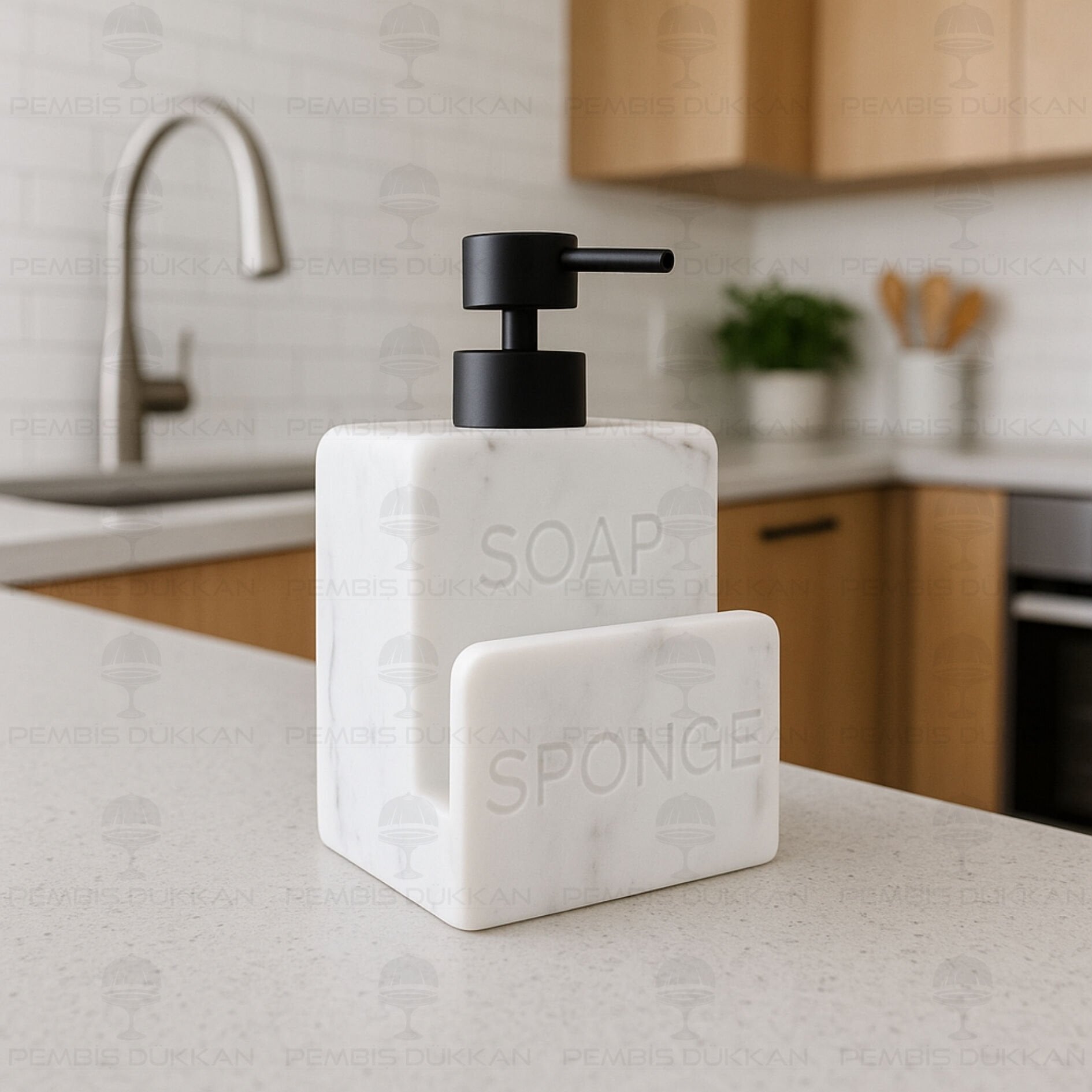 Beyaz Sponge Mermer Desenli, Süngerlik Hazneli Polyresin Sıvı Sabunluk (56795)