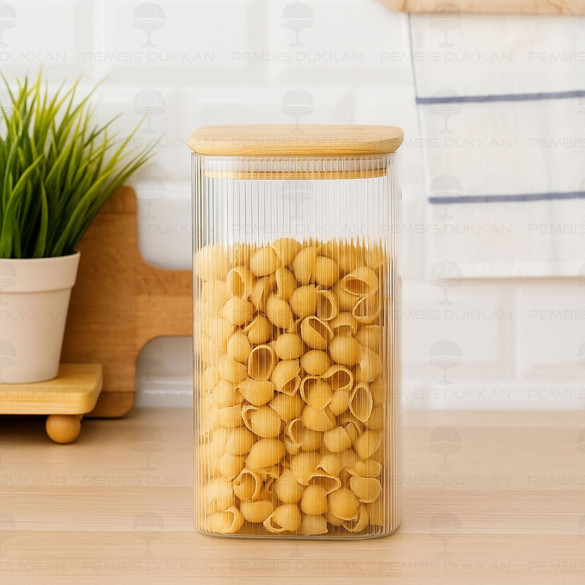 Karlo 1500ml Bambu Kapaklı, Sık Çizgili Kavanoz (Bor007)