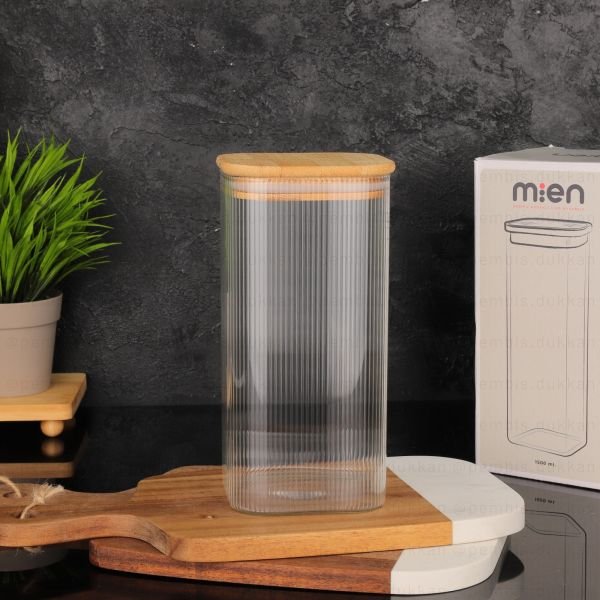 Karlo 1500ml Bambu Kapaklı, Sık Çizgili Kavanoz (Bor007)
