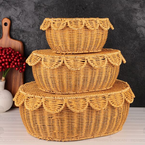 3lü Oval Kapaklı Rattan Sepet (1684)
