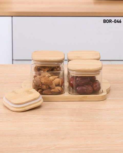 4lü Bambu Kapaklı, Tepsili Cam Kahvaltılık (Bor 046)
