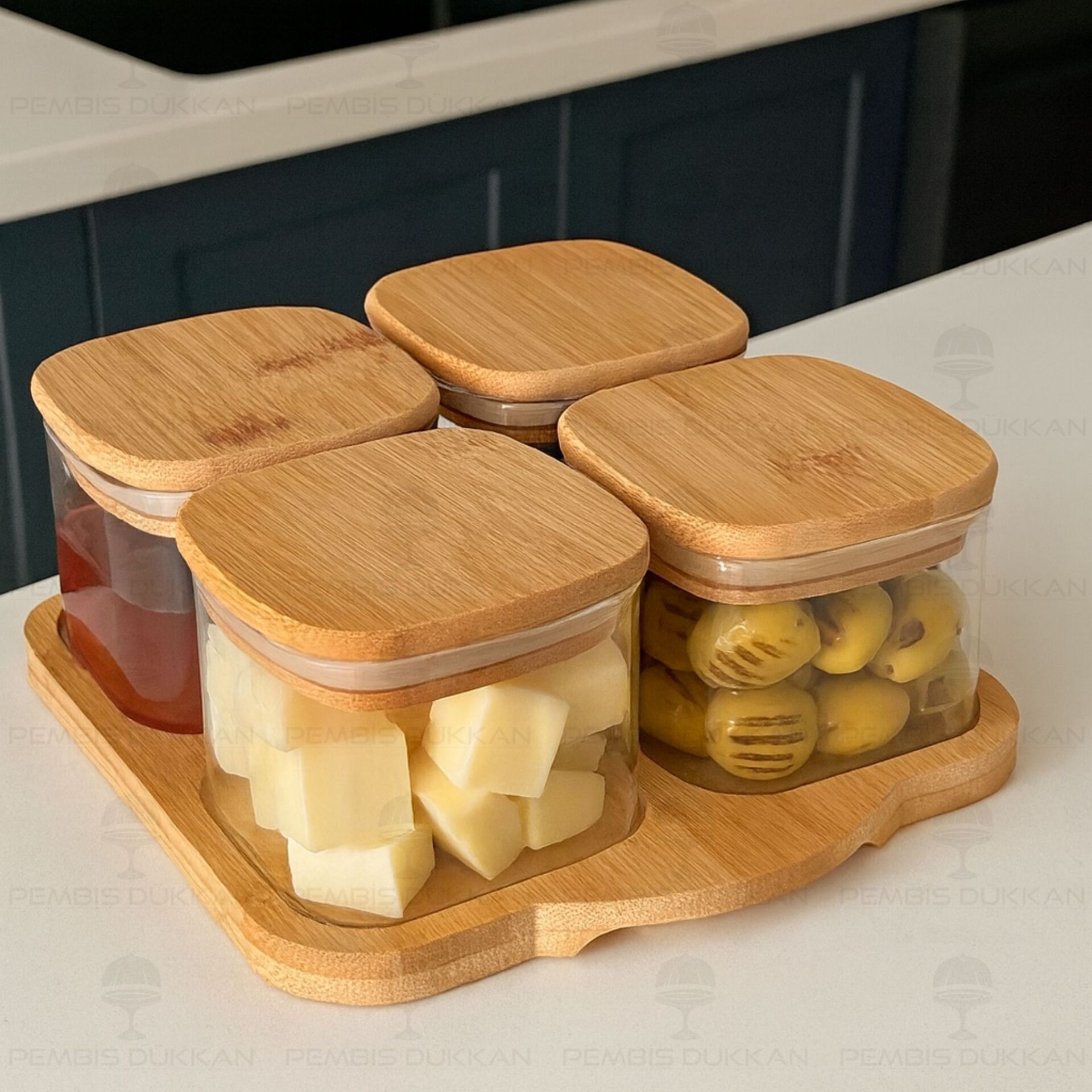 4lü Bambu Kapaklı, Tepsili Cam Kahvaltılık (Bor 046)