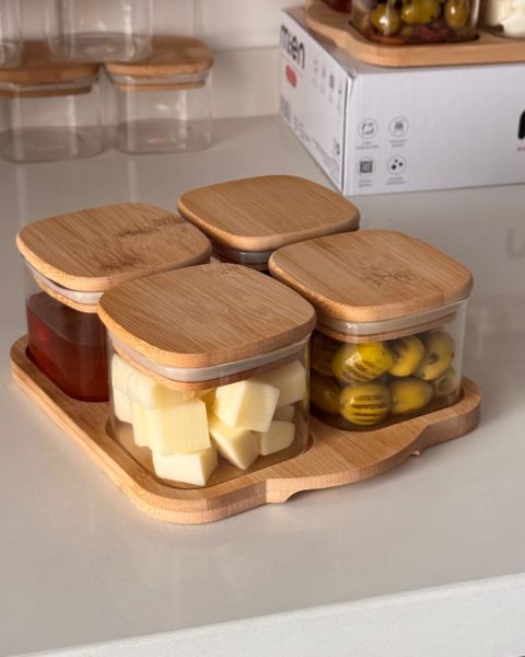 4lü Bambu Kapaklı, Tepsili Cam Kahvaltılık (Bor 046)