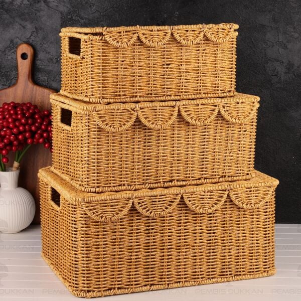 3lü Dikdörtgen Kapaklı Rattan Sepet (9t07)