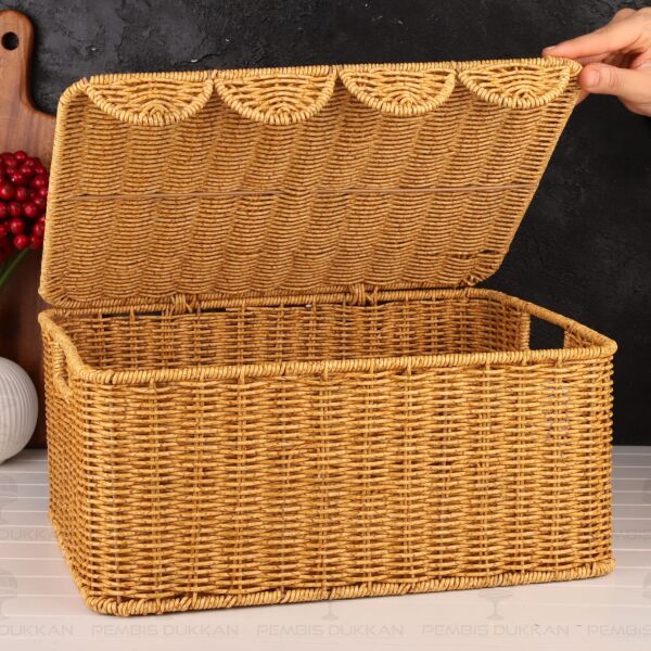 3lü Dikdörtgen Kapaklı Rattan Sepet (9t07)