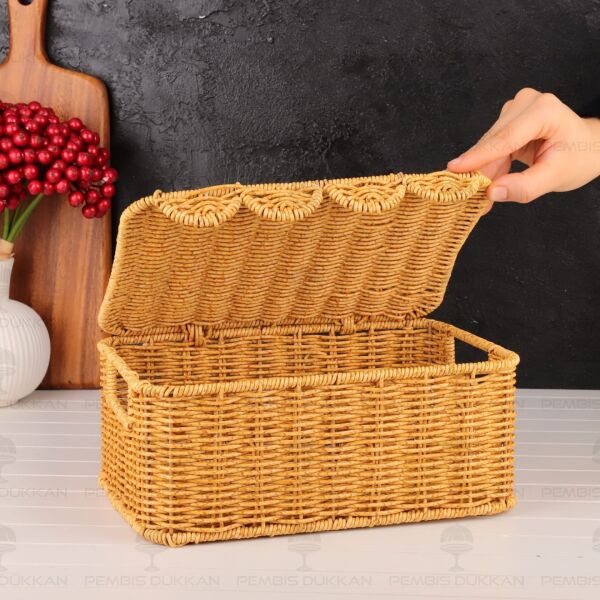3lü Dikdörtgen Kapaklı Rattan Sepet (9t07)