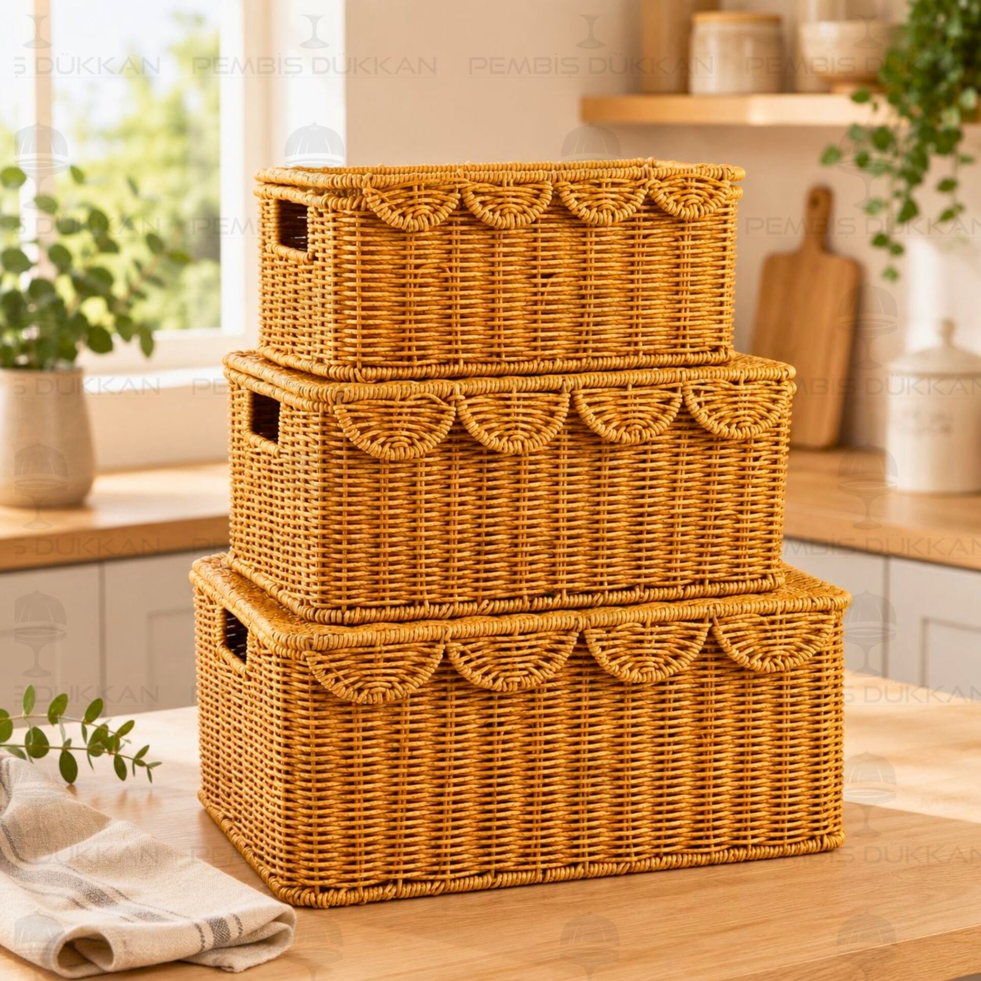 3lü Dikdörtgen Kapaklı Rattan Sepet (9t07)