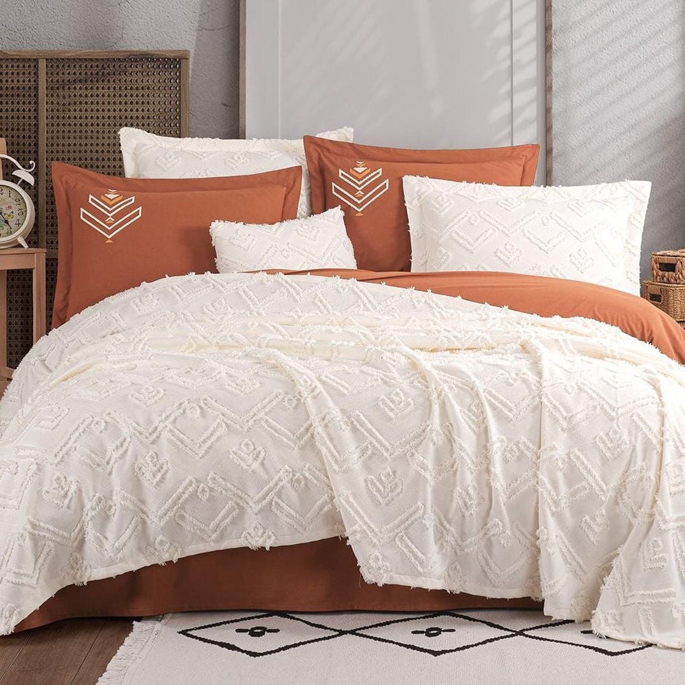 Aztec Çift Kişilik Yatak Örtüsü Seti Krem