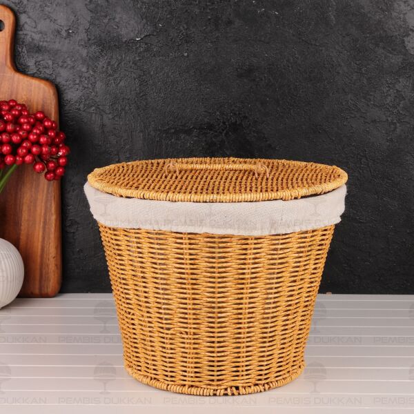 Yuvarlak Kapaklı Rattan Bezli Sepet (9t02)