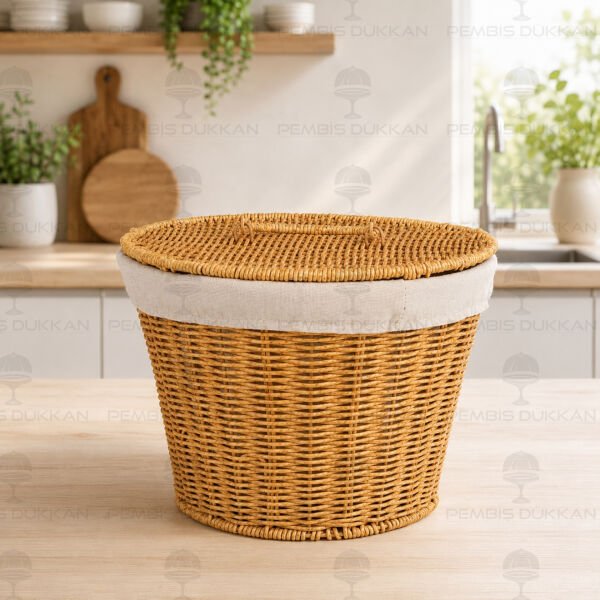 Yuvarlak Kapaklı Rattan Bezli Sepet (9t02)