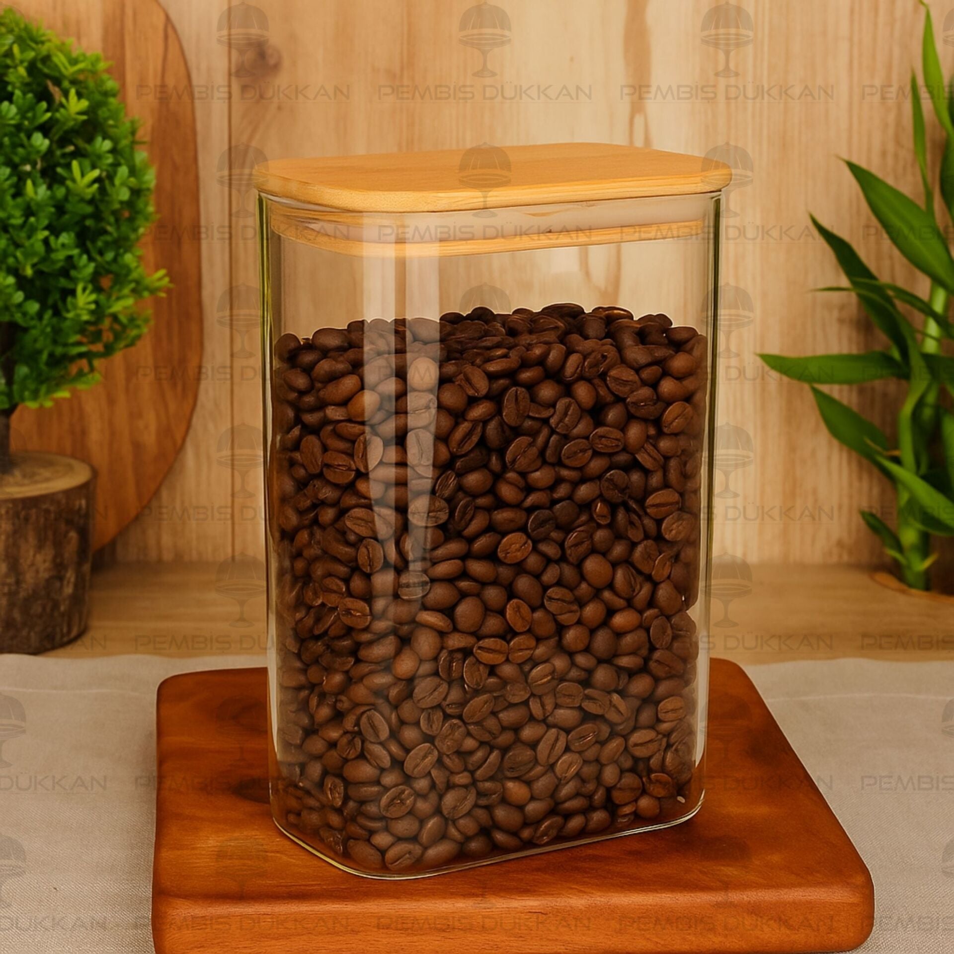 Dikdörtgen 1300ml Bambu Kapaklı Kavanoz (1363)