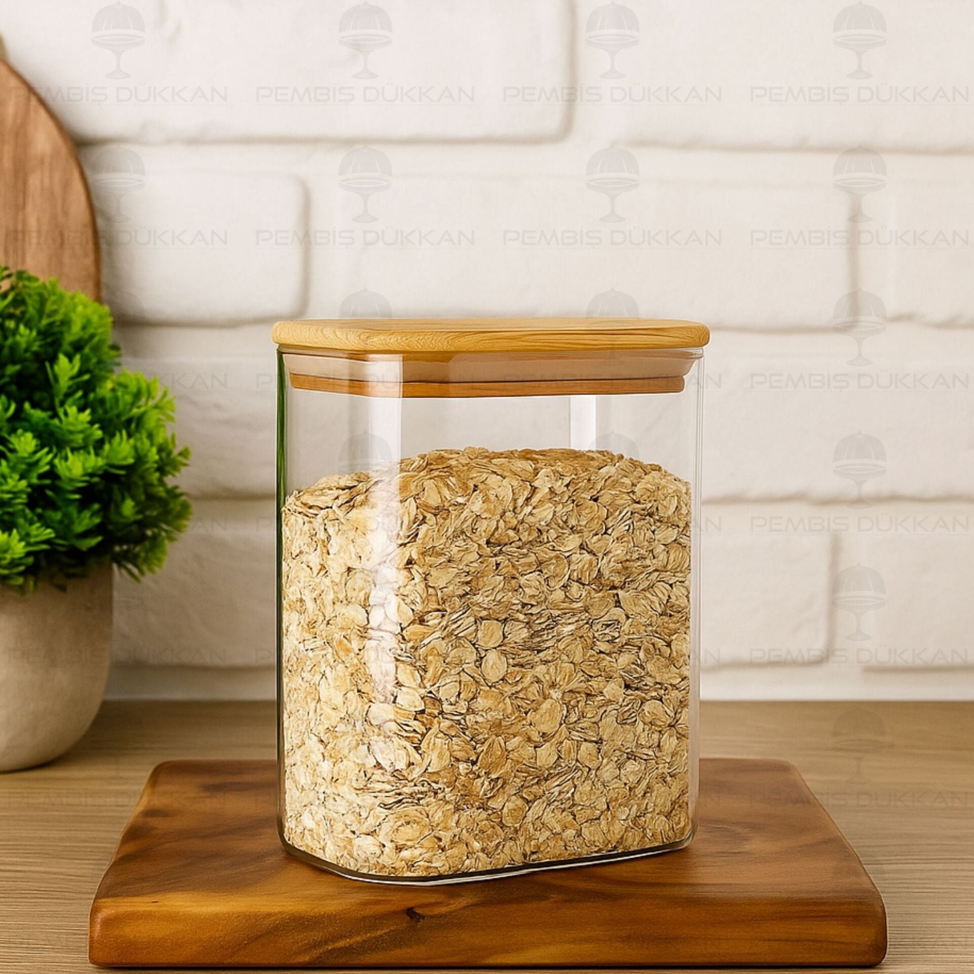 Dikdörtgen 1000ml Bambu Kapaklı Kavanoz (1362)