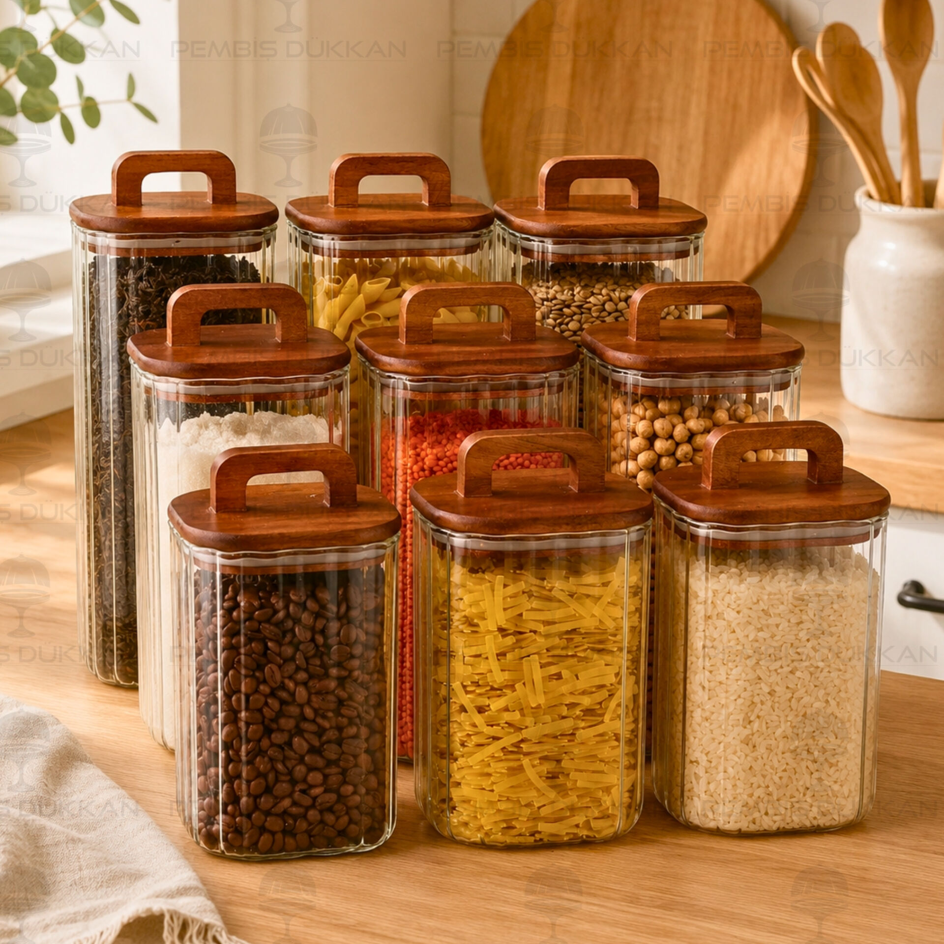 9lu Emilla Erzak Akasya Kapaklı Kavanoz Set (Bor090-091-092)