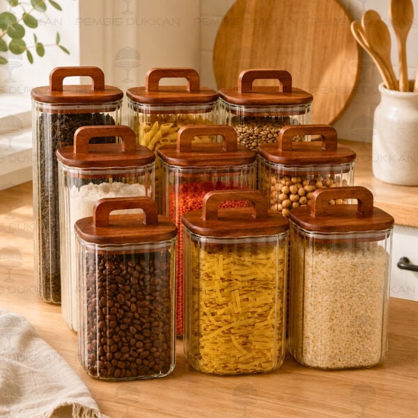 9lu Emilla Erzak Akasya Kapaklı Kavanoz Set (Bor090-091-092)