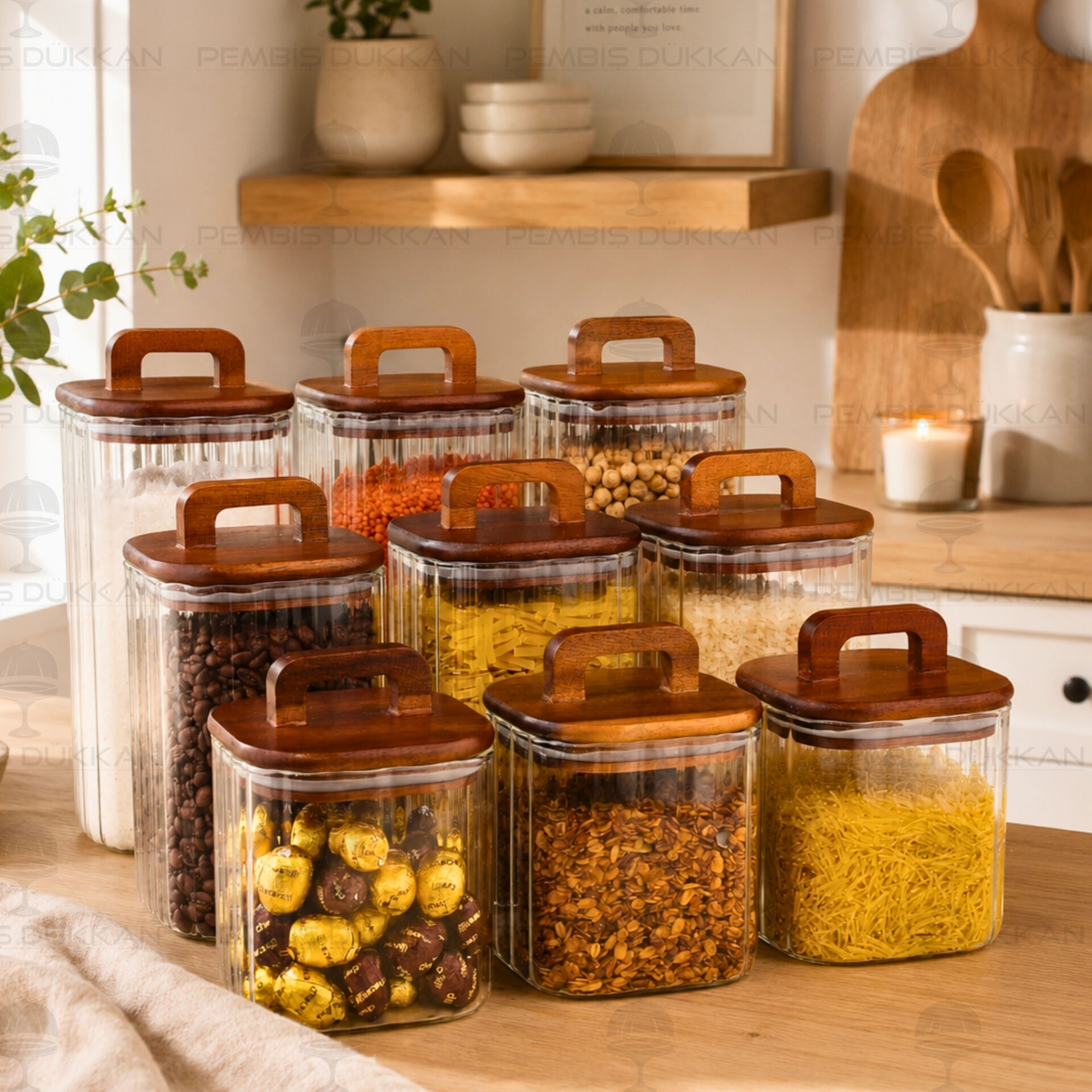 9lu Emilla Erzak Akasya Kapaklı Kavanoz Set (Bor089-090-091)