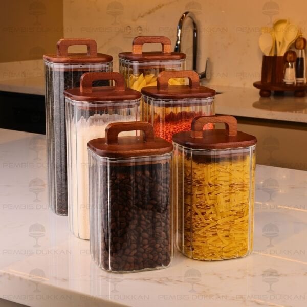 6lı Emilla Erzak Akasya Kapaklı Kavanoz Set (Bor090-091-092)