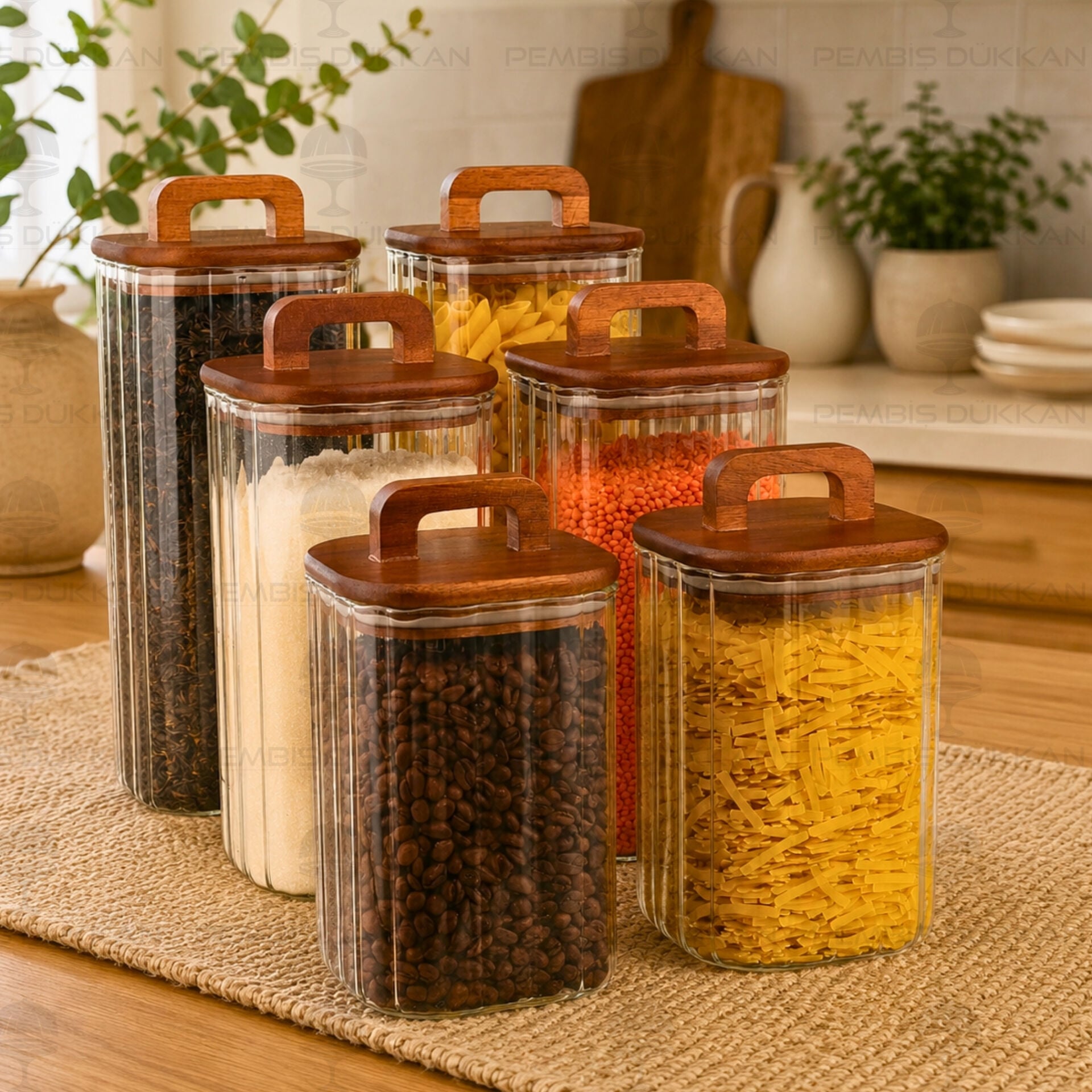 6lı Emilla Erzak Akasya Kapaklı Kavanoz Set (Bor090-091-092)