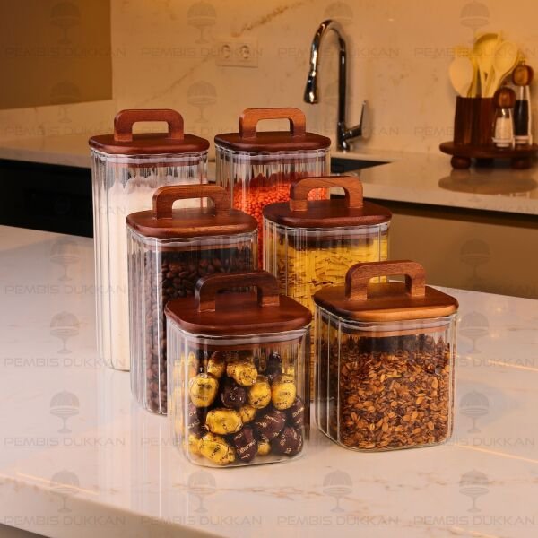 6lı Emilla Erzak Akasya Kapaklı Kavanoz Set (Bor089-090-091)