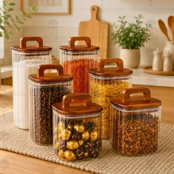 6lı Emilla Erzak Akasya Kapaklı Kavanoz Set (Bor089-090-091)