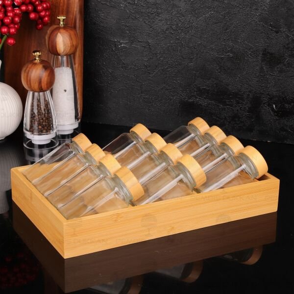 Çekmece İçi Standlı, 12li Bohem Bambu Kapaklı Baharatlık Set (1455)