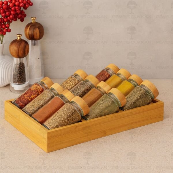 Çekmece İçi Standlı, 12li Bohem Bambu Kapaklı Baharatlık Set (1455)
