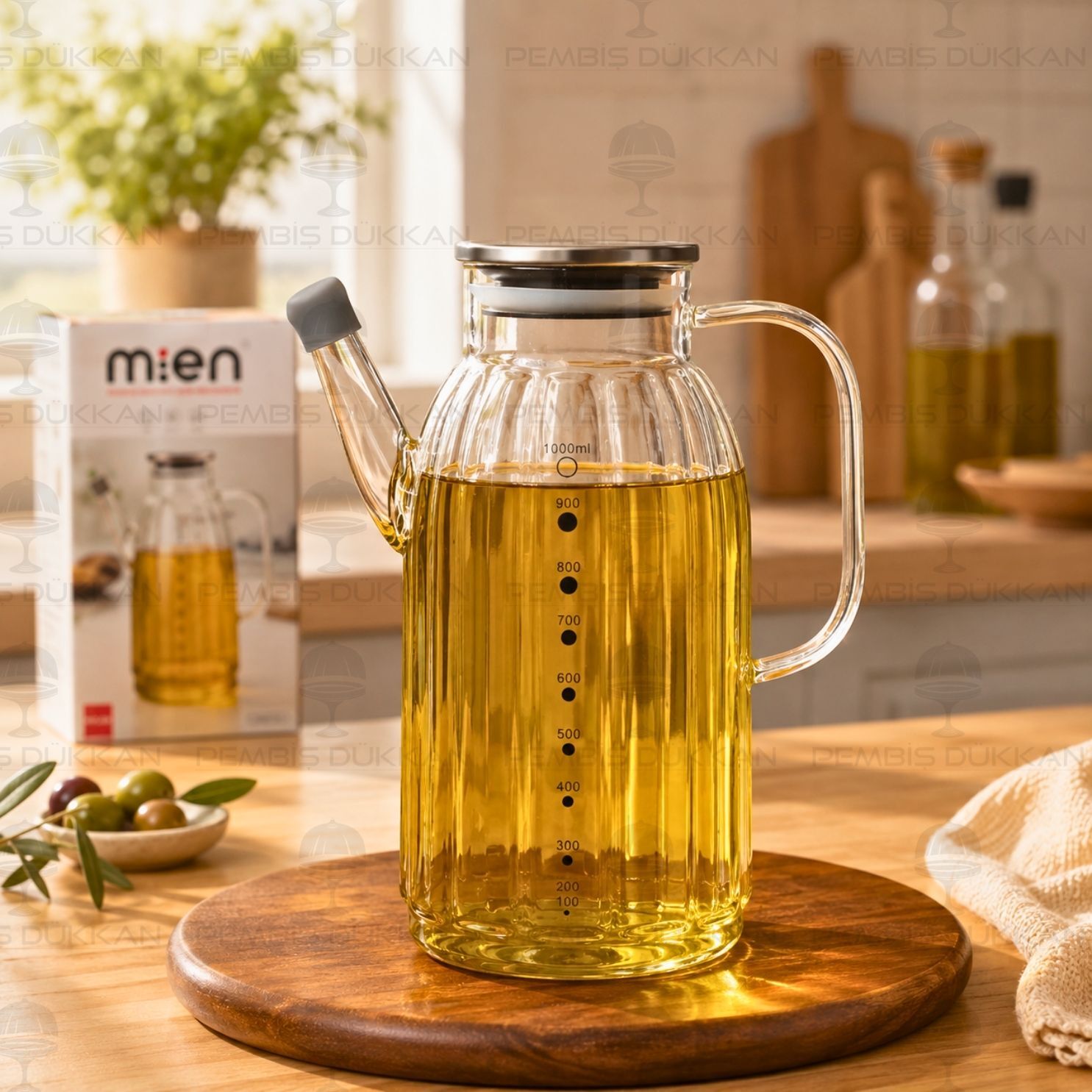 Kalın Çizgili Metal Kapaklı 1000ml Yağdanlık (Gla01)