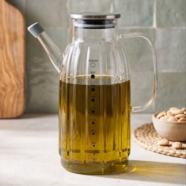 Kalın Çizgili Metal Kapaklı 1000ml Yağdanlık (Gla01)