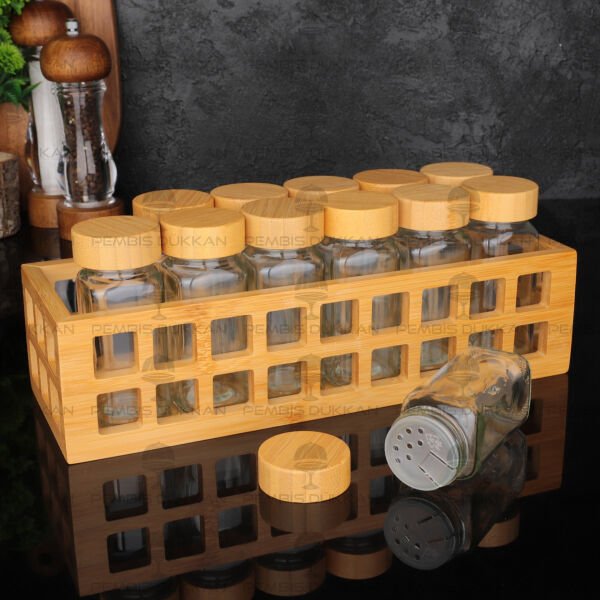 Bambu Kafes Standlı, 12li Bohem Bambu Kapaklı Baharatlık Set (1281)